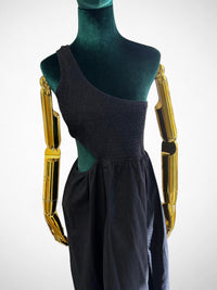 Women’s Black One Shoulder Smocked Cutout Midi Dress - Minimalist Summer Outfit (Pre-owned)