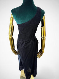 Women’s Black One Shoulder Smocked Cutout Midi Dress - Minimalist Summer Outfit (Pre-owned)