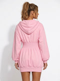 Back view of the pink Brielle hooded sweatshirt mini dress
