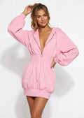 Brielle hooded mini dress in pink with half-zip neckline and balloon sleeves