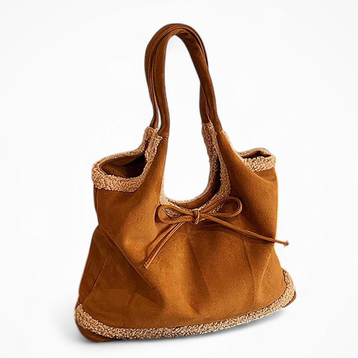 Faux Suede Shearling Tote Bag in Brown - Gloss & Grit