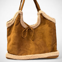 Women’s Faux Suede Shearling Tote Bag – Cozy Brown Winter Handbag