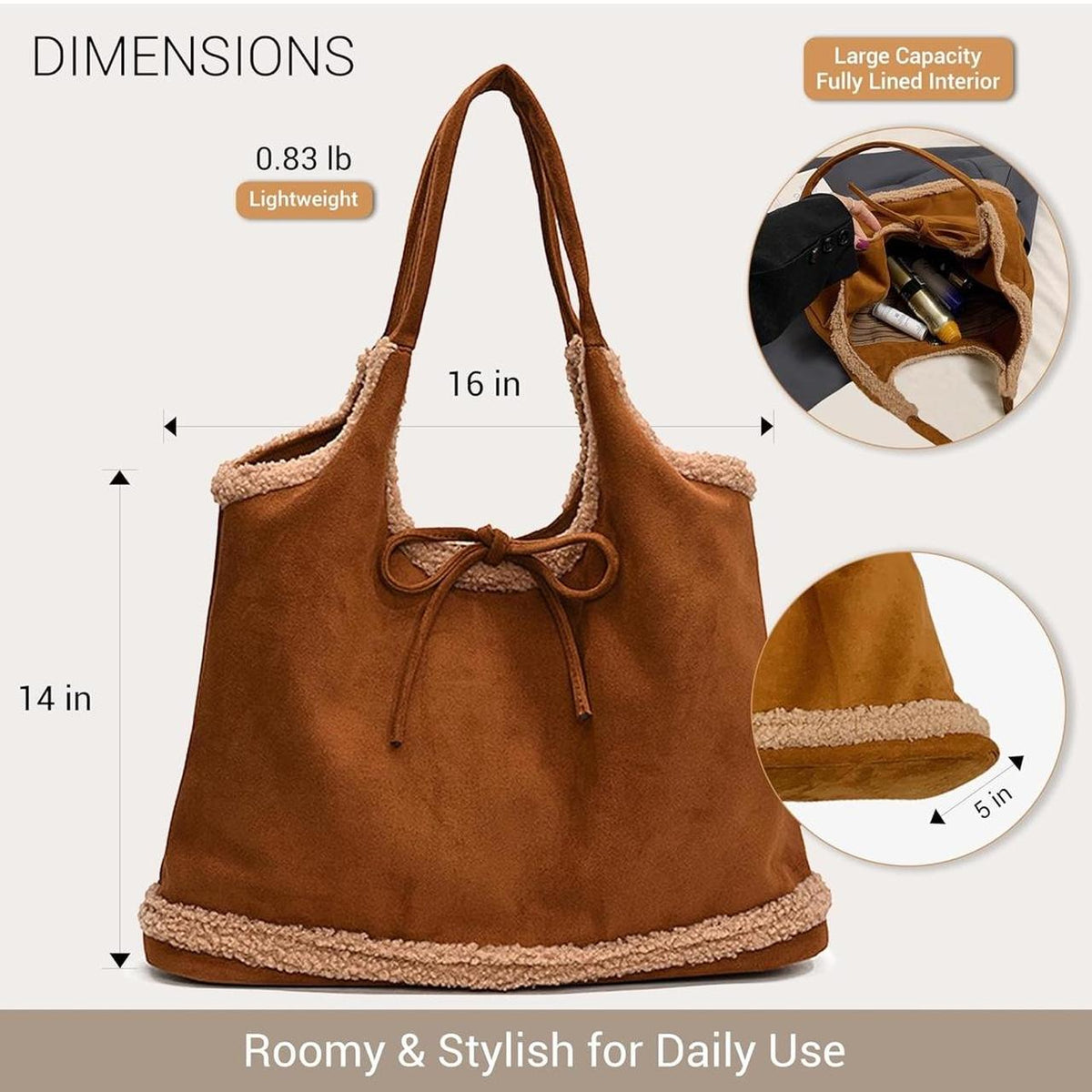 Faux Suede Shearling Tote Bag in Brown - Gloss & Grit
