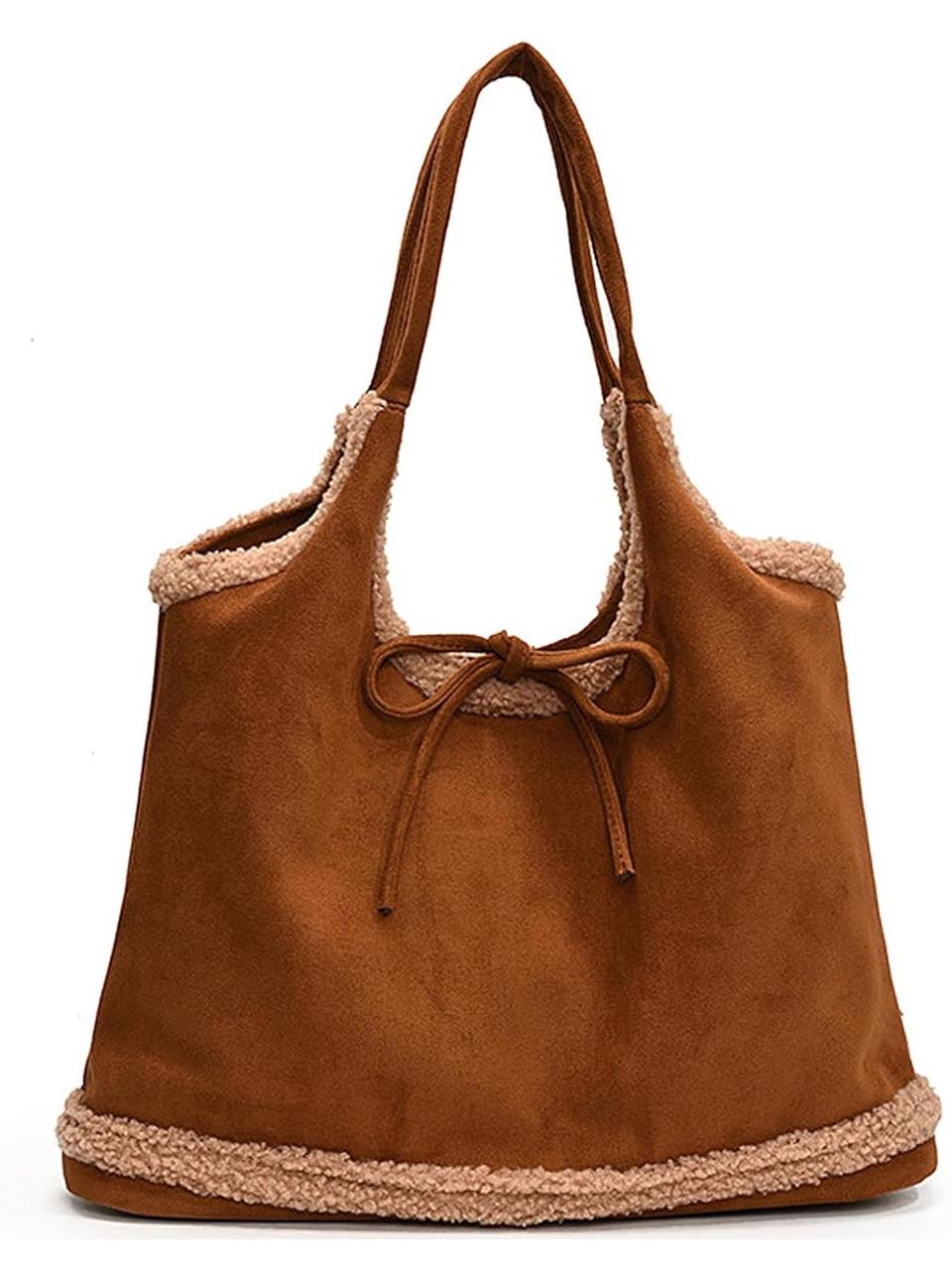 Faux Suede Shearling Tote Bag in Brown - Gloss & Grit