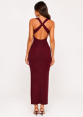 Ribbed Knit Open Cross-Back Midi Dress