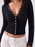 Odette Lace Trim Cropped Knit Cardigan in Black, front