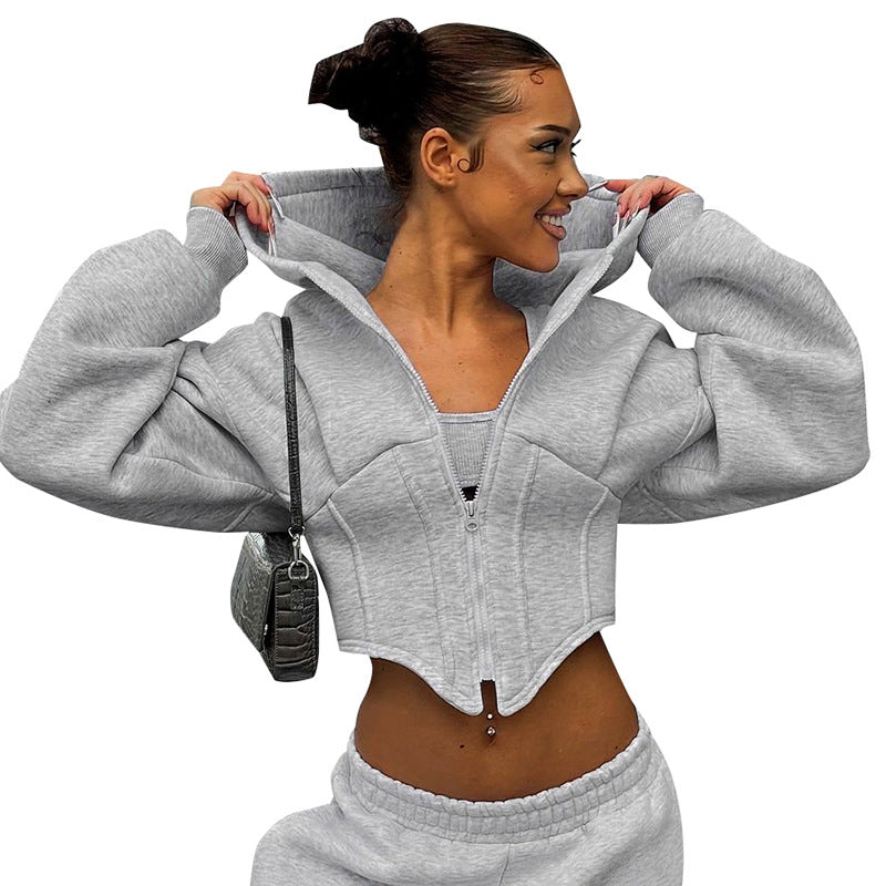 Women’s Grey Cropped Corset Hoodie — Streetwear Cinched Waist Zip‑Up Sweatshirt