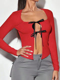 Women's Red Square Neck Bow Tie Lace-Up Long Sleeve Fitted Top - Gloss & Grit