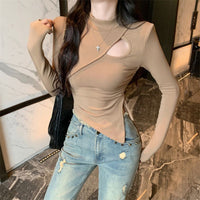 Women’s Sexy Cutout Long Sleeve Top – Asymmetric Fitted Drawstring Shirt