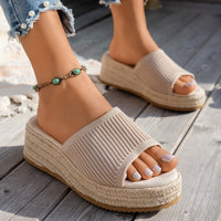 Women’s Platform Slide Sandals with Woven Straw Sole – Beige Slip-On Shoes
