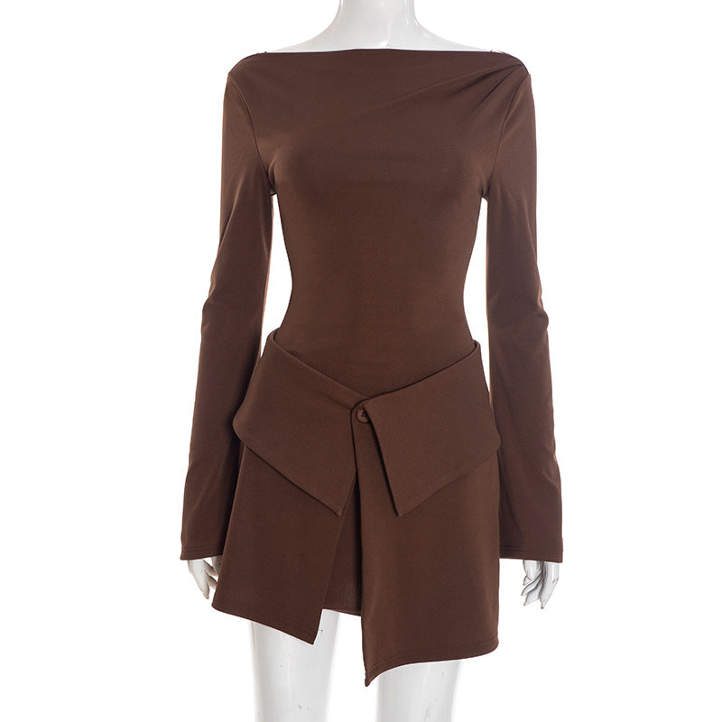 Long Sleeve Two Piece Mini Dress Set with Folded Button Skirt - Gloss & Grit