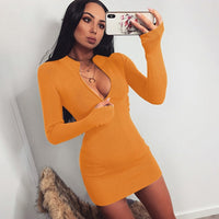 Women’s Ribbed Zip Front V-Neck Long Sleeve Bodycon Mini Dress – Fall Party