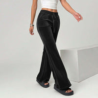 Velvet Lounge Pants Women – Soft High Waist Drawstring Wide Leg Black Pants