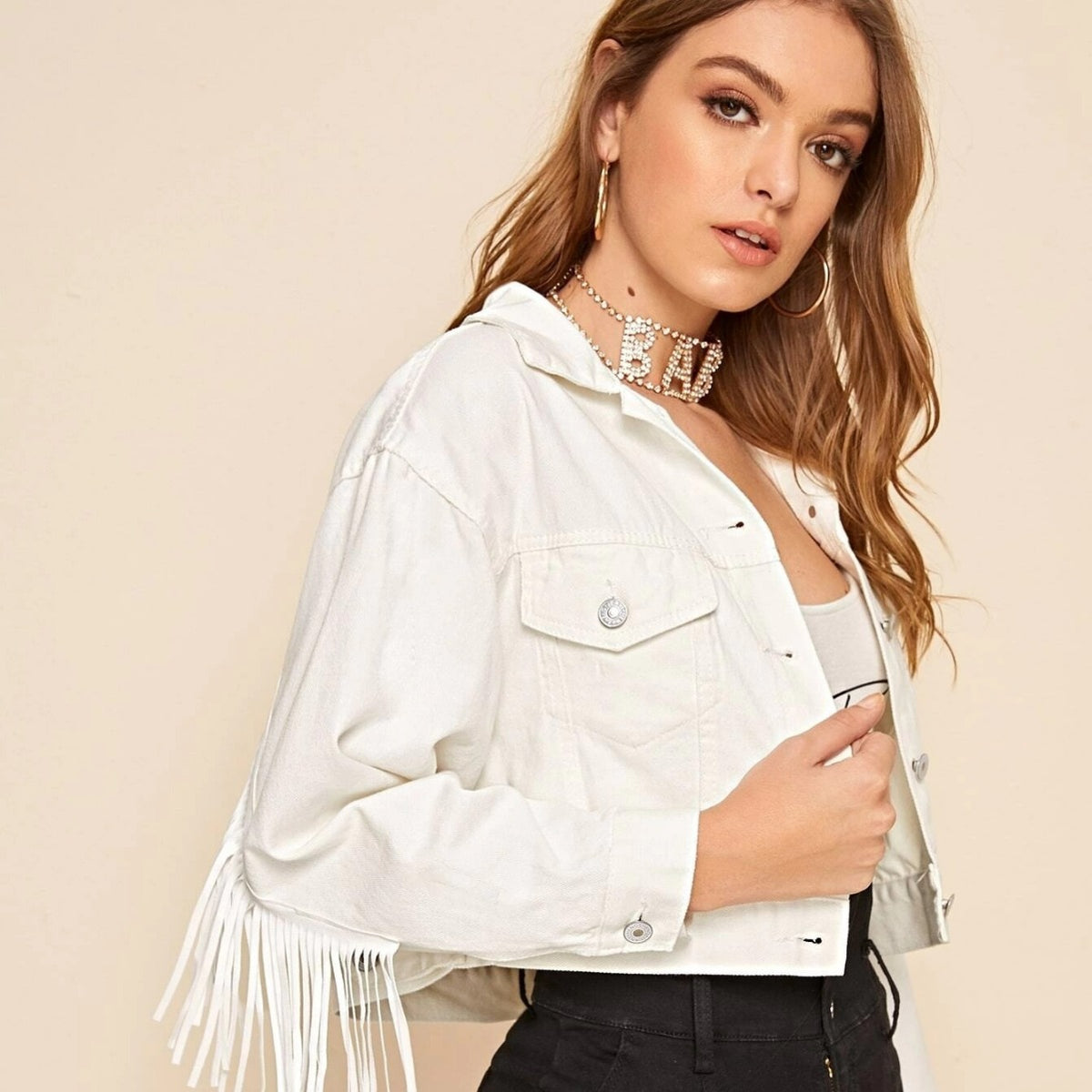 Cropped White Fringe Denim Jacket