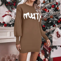 Women's “MERRY” Knit Sweater Dress Mini Holiday Christmas Long Sleeve Outfit