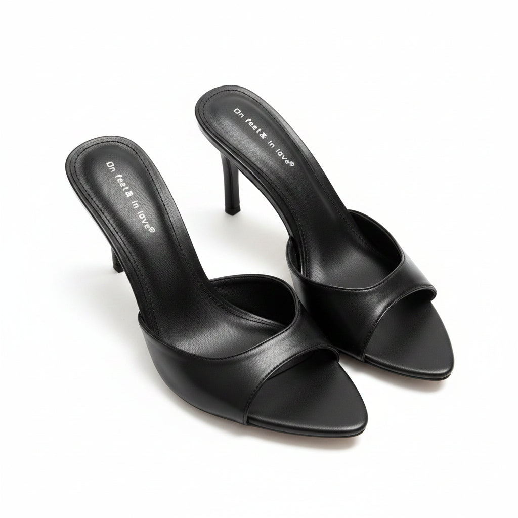 Classic Black Satin Peep Toe Stiletto Mule Heels Size 9