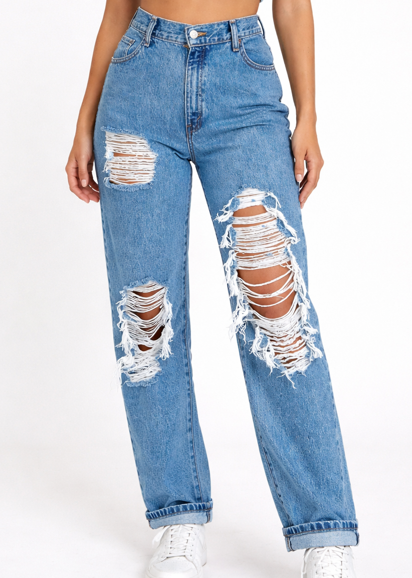 High Waist Ripped Straight Leg Jeans