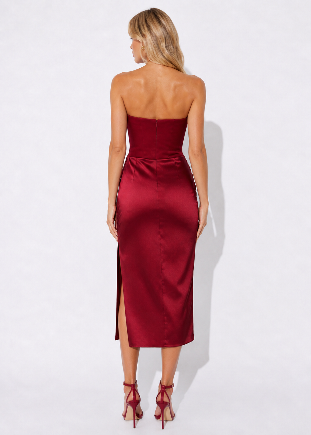 Lulus Red Tarni Strapless Midi Dress Satin Corset-Style