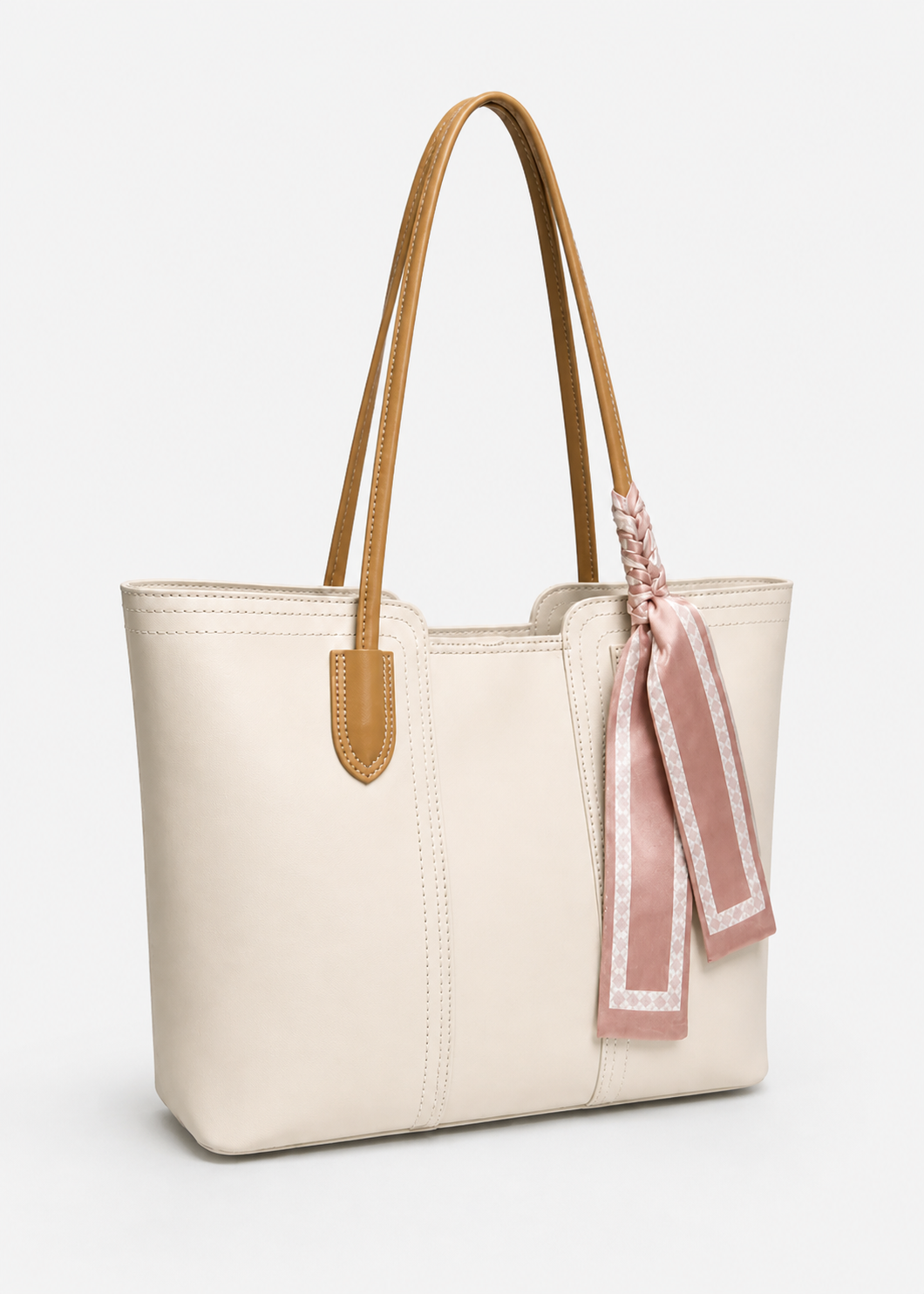 Large Faux Leather Tote Shoulder Bag with Scarf Charm