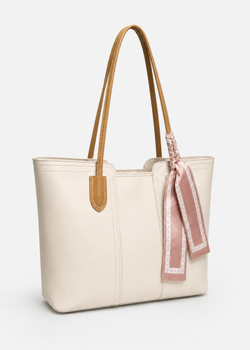 Large Faux Leather Tote Shoulder Bag with Scarf Charm