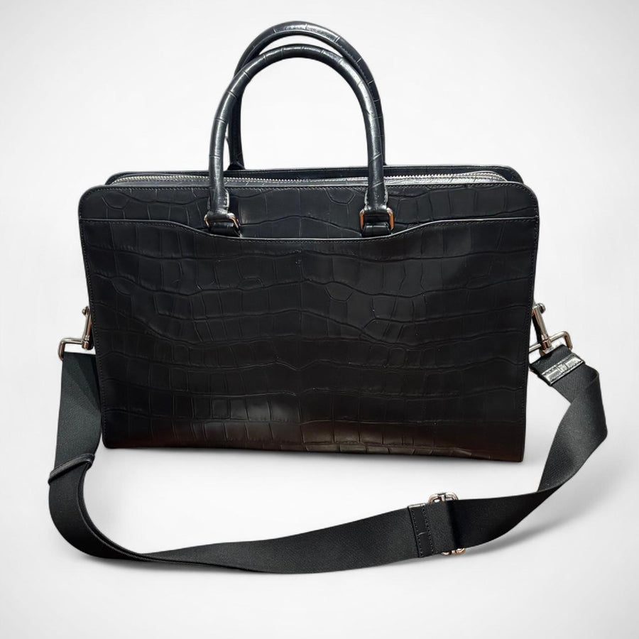 Coach Beckett Structured Brief F73526 – Croc-Embossed Leather Laptop Bag (Black) (Pre-Owned)