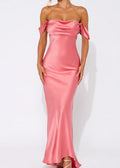 Coral Pink Off-Shoulder Satin Maxi Dress