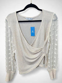 Women’s Beige V-Neck Wrap Sweater Top with Sheer Polka Dot Balloon Sleeves