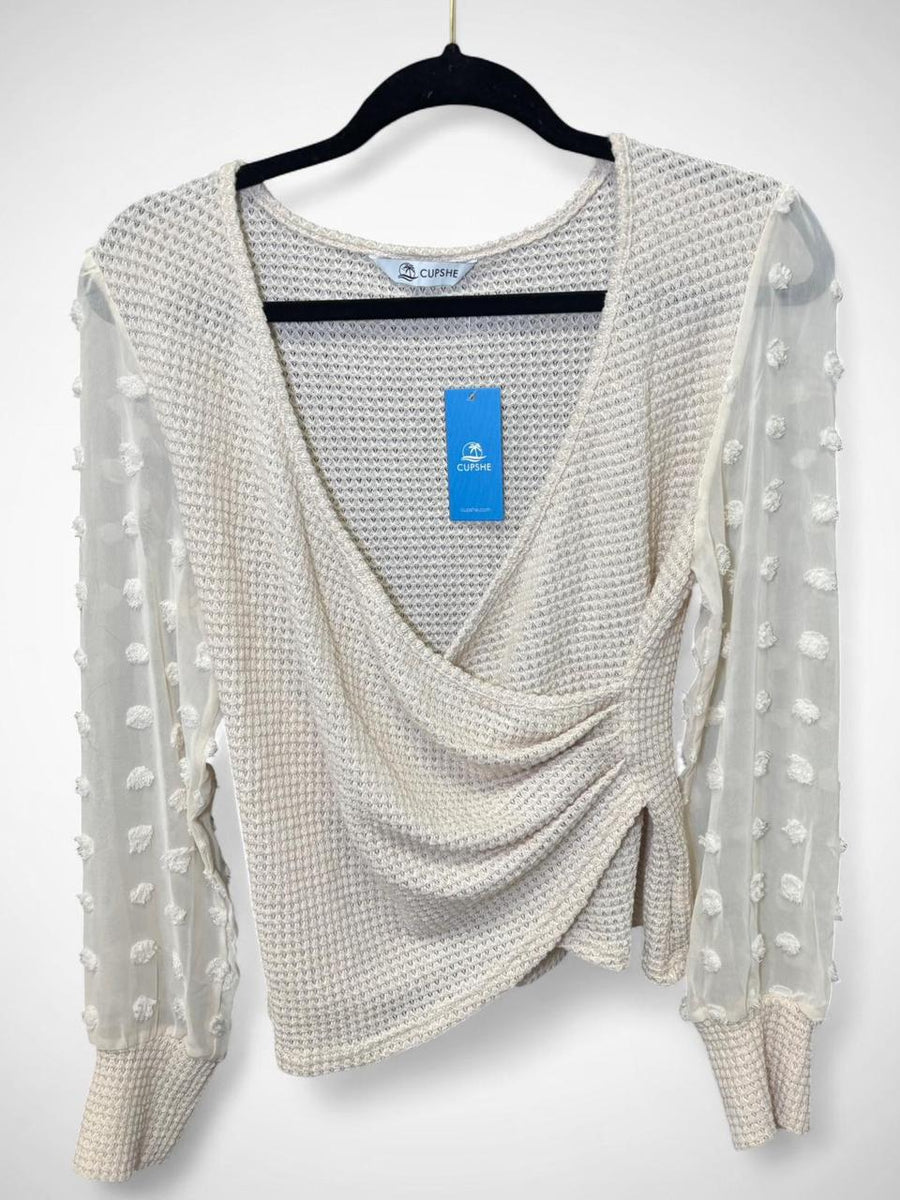 Women’s Beige V-Neck Wrap Sweater Top with Sheer Polka Dot Balloon Sleeves