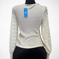 Women’s Beige V-Neck Wrap Sweater Top with Sheer Polka Dot Balloon Sleeves