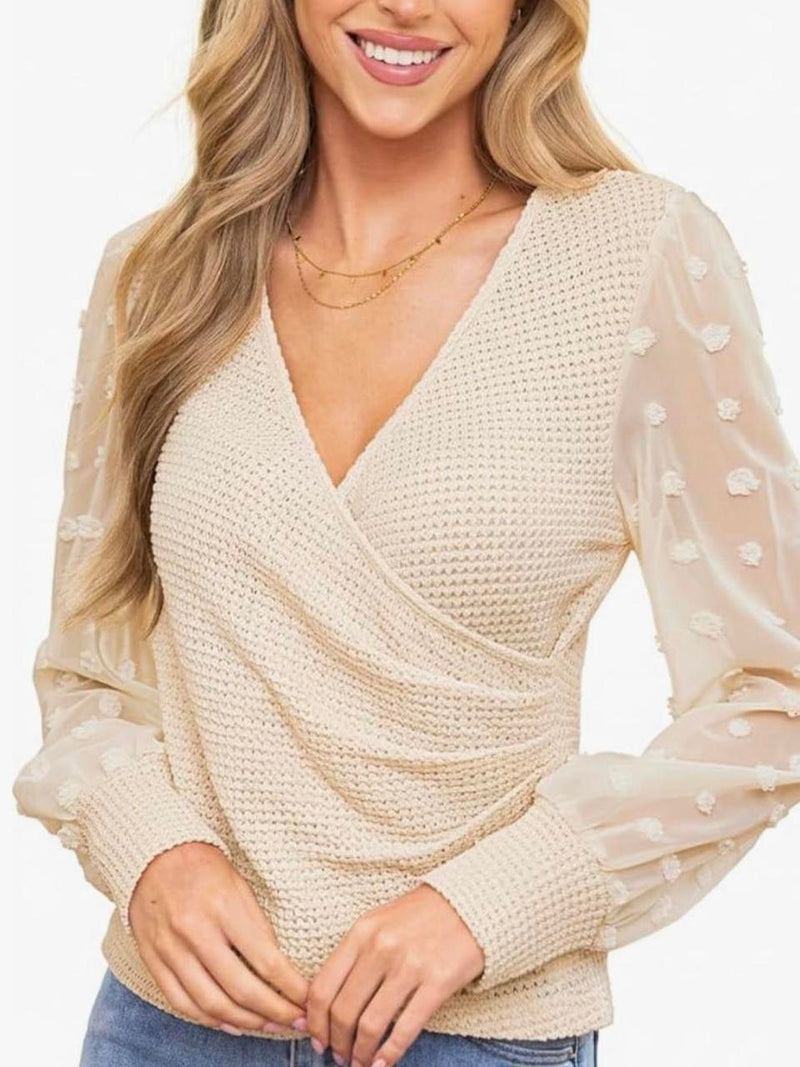 Women’s Beige V-Neck Wrap Sweater Top with Sheer Polka Dot Balloon Sleeves