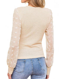 Women’s Beige V-Neck Wrap Sweater Top with Sheer Polka Dot Balloon Sleeves