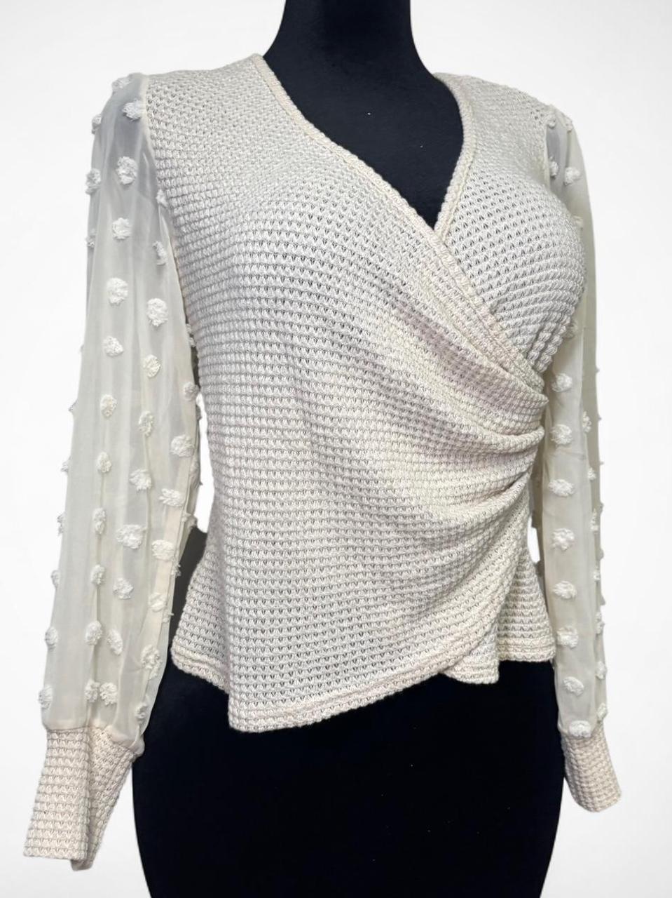 Swiss Dot Sheer Sleeve Wrap Knit Top Long Sleeve V Neck Blouse - Gloss & Grit