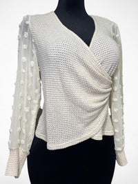 Women’s Beige V-Neck Wrap Sweater Top with Sheer Polka Dot Balloon Sleeves