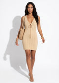 Dokotoo beige crochet dress cover-up with tie front, front view on model
