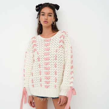 Ribbon Detail Open-Knit Sweater