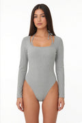 Cielle lace halter bodysuit in gray with ribbed long sleeves, front view