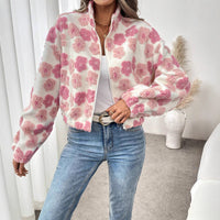 Women Pink & White Faux Fur Zip‑Up Jacket Floral Sherpa Coat