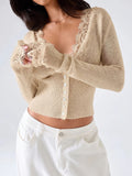 Odette Lace Trim Cropped Knit Cardigan in Apricot, front