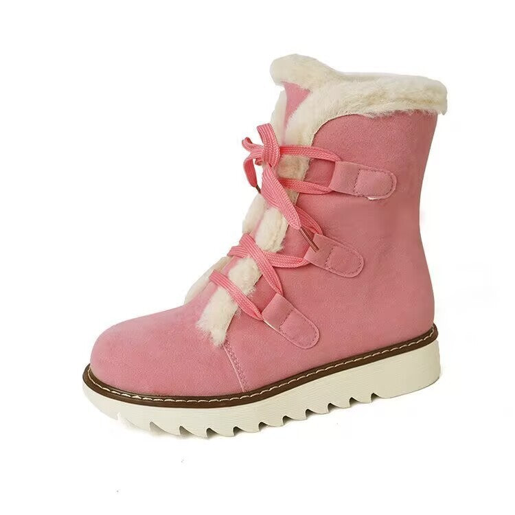 Women’s Fleece-Lined Suede Snow Boots with Lace-Up Design – Warm Winter Footwear