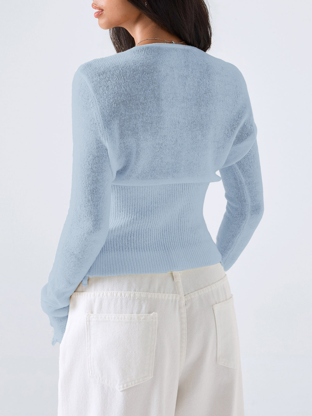 Odette Lace Trim Cropped Knit Cardigan in Blue, back