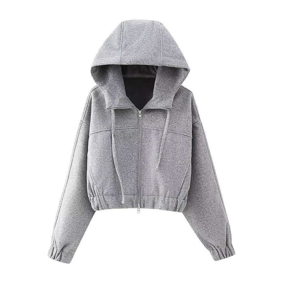 Women’s Gray Zip-Up Cotton Hoodie with Oversized Fit – Cropped Fall Layering Piece