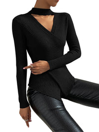 Women’s Cross-Neck Ribbed Sweater — Slim Fit Long-Sleeve Top