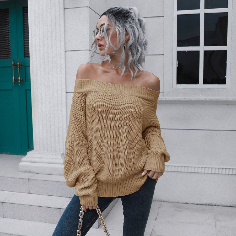 Women’s Off-Shoulder Oversized Knit Sweater — Long Sleeve Pullover