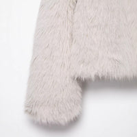 Women’s Faux Fur Jacket with Collar – Ivory Plush Zipper Coat for Winter Outfits