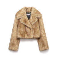 Women’s Faux Fur Collar Cropped Jacket Soft Plush Winter Coat with Flip Collar