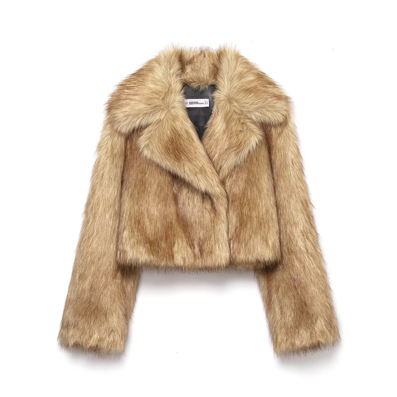 Women’s Faux Fur Collar Cropped Jacket Soft Plush Winter Coat with Flip Collar