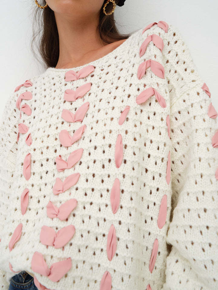 Ribbon Detail Open-Knit Sweater