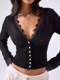 Odette Lace Trim Cropped Knit Cardigan in Black, front