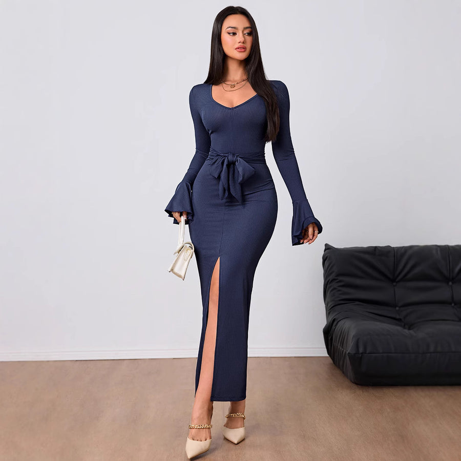 Women’s V-Neck Long Sleeve Waist-Tie Bodycon Maxi Dress – Slim Fit