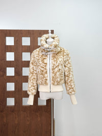 Women’s Beige Faux Fur Short Jacket Stand Collar Zip Front Coat